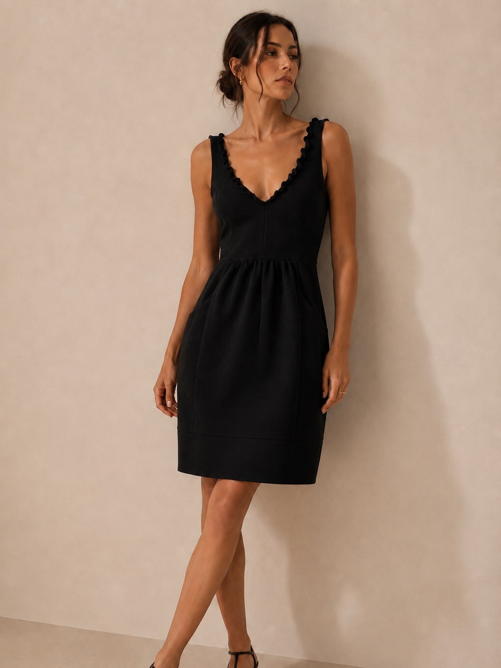 Anthropologie Black Sleeveless Mini Dress with Scallop V-Neck
